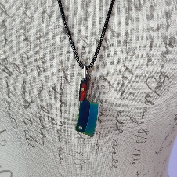 Hatchet Cleaver Wood Butcher Knife Iridescent Rainbow Necklace Wood - Picture 2 of 15